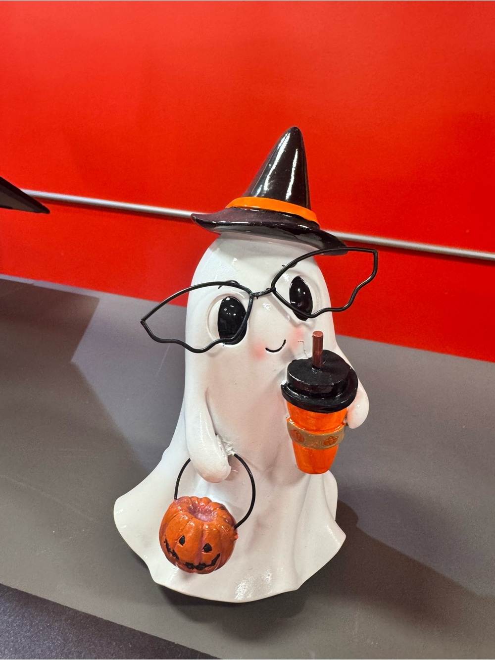 Cute White Ghost Halloween Figurine with Witch Hat and Pumpkin Bucket
